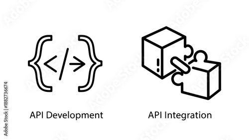 API Development and Integration Technology Icons, Software Programming and System Connectivity Symbols