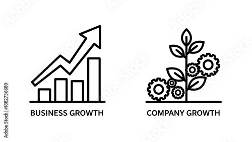 Business and Company Growth Development Icons, Financial Progress and Organizational Innovation Symbols
