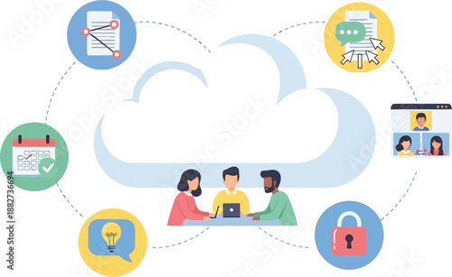 collaborative team working on cloud computing technology in a modern office setting