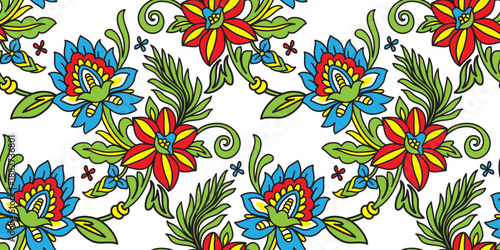 A seamless abstract classic plant pattern with colorful free-form scribble collage. White background, organic plants, simple natural shapes in vintage pastel colors.