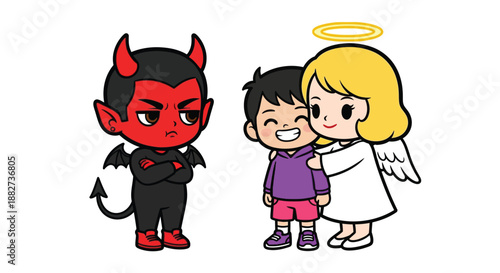 Cartoon illustration of a devil, a boy, and an angel standing together on a white background with a playful and contrasting mood.