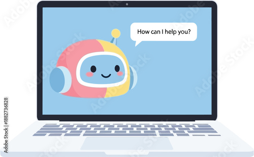 Cute robot character with a headset on a laptop screen offering assistance in a friendly style