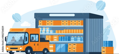 illustration of a warehouse truck delivering and loading boxes in a warehouse setting