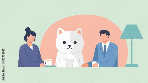 A dog sits between a man and woman in a light blue suit and blazer