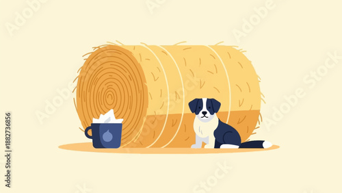 A dog sits by a bale of hay with a cup of whipped cream
