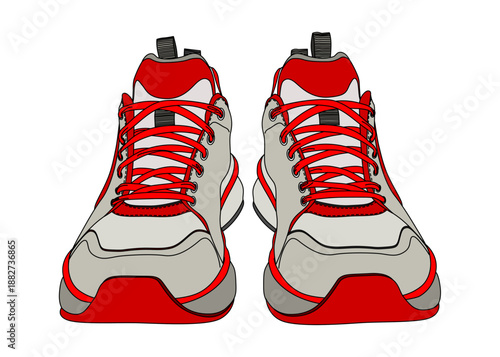 赤とグレーのスニーカー 正面前向き フラットのイラスト アイコン素材