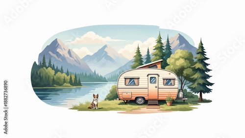 A dog sits by a vintage camper trailer near a lake and mountains