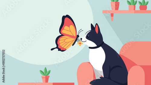 A dog sits on a couch, sniffing a butterfly holding a tiny flower