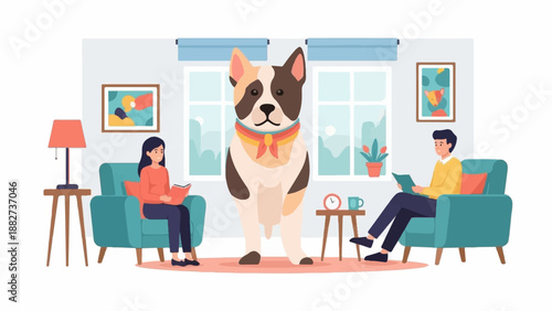 A dog stands between two people reading in a cozy living room