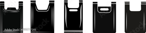 A collection of black plastic grocery bags in various styles and sizes, showcasing their common design features.