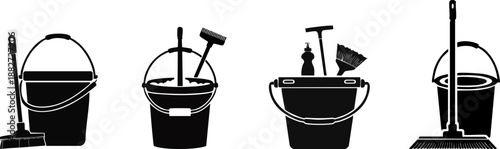 A collection of cleaning tools and buckets, silhouetted against a light background, representing various cleaning tasks.