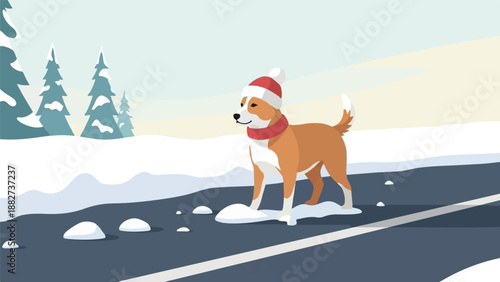 A dog wearing a winter hat and scarf stands on a snowy road