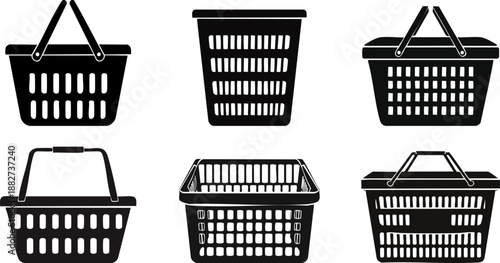 A collection of six black shopping baskets in different styles and orientations, showcasing various designs for retail use.