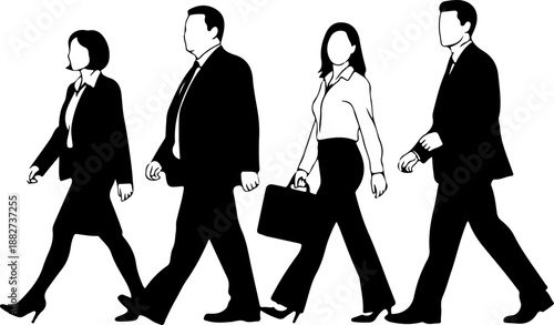 Business Professionals Walking Silhouettes Illustration

Corporate Men and Women Walking in Office Attire

Modern Business People Walking Vector Design