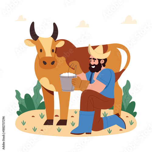 Farmer milking a cow Flat Vector Illustration EPS 10 File 
