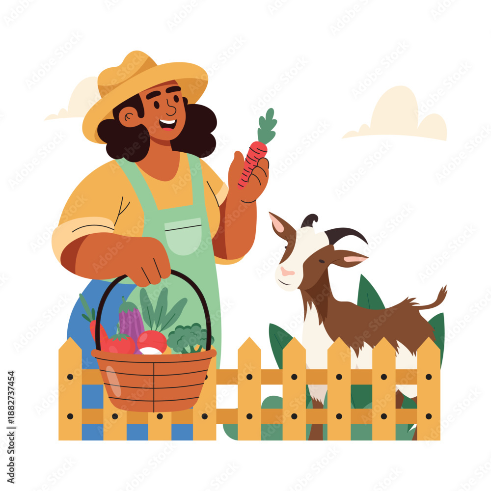 Fototapeta premium Farmer woman feeding goat Flat Vector Illustration EPS 10 File 