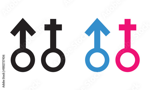 Male and Female Gender Symbols icon. Simple illustration showing male and female gender symbols in black and color, representing sex, identity, equality, and social concepts.

