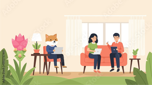 A dog-headed person and two people work on laptops in a cozy home setting