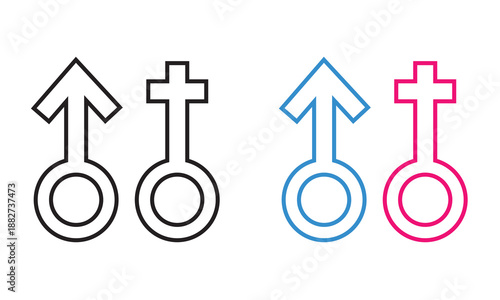 Male and Female Gender Symbols icon. Simple illustration showing male and female gender symbols in black and color, representing sex, identity, equality, and social concepts.

