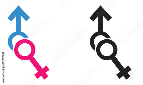Male and Female Gender Symbols icon. Simple illustration showing male and female gender symbols in black and color, representing sex, identity, equality, and social concepts.


