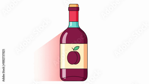 A stylized bottle of dark red liquid with a label featuring a plum