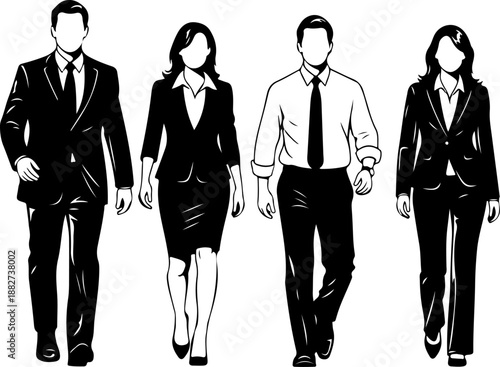 Business Professionals Walking Silhouettes Illustration

Corporate Men and Women Walking in Office Attire

Modern Business People Walking Vector Design
