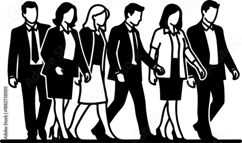 Business Professionals Walking Silhouettes Illustration

Corporate Men and Women Walking in Office Attire

Modern Business People Walking Vector Design