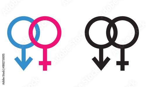 Male and Female Gender Symbols icon. Simple illustration showing male and female gender symbols in black and color, representing sex, identity, equality, and social concepts.

