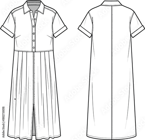 Button-down midi dress, short sleeve fashion sketch, collar and pleated skirt, front and back view, flat vector illustration