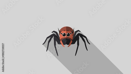 A stylized cartoon spider with big eyes and many legs casts a long shadow