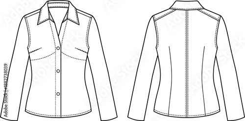 Button-up shirt fashion template, pointed collar sketch with princess seams and yoke detail, flat vector illustration