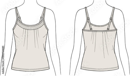 Camisole top fashion template, adjustable strap scoop neckline sketch, front back view garment design, flat vector illustration