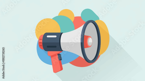 A stylized, colorful megaphone projects a message against a pale blue background