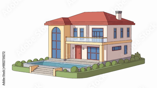 A stylized, colorful illustration of a multi-story house with a pool