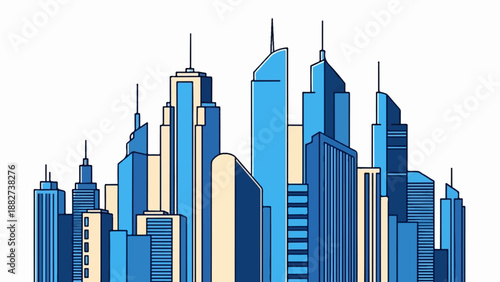 A stylized, colorful skyline of various modern skyscrapers