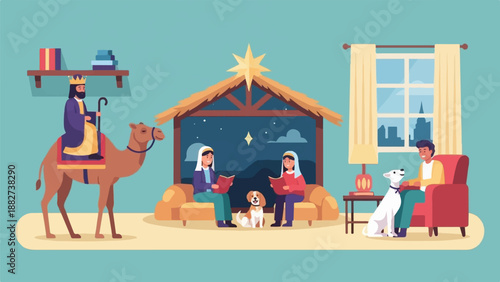 A stylized depiction of a nativity scene with a king on a camel and a family with dogs