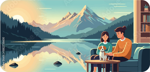 A serene lake reflection of mountains and trees with a couple and dog relaxing indoors