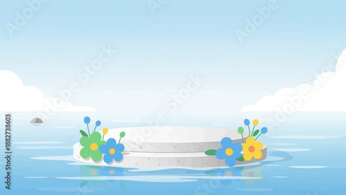 A serene, minimalist landscape with a stone podium in calm waters, adorned with colorful flowers