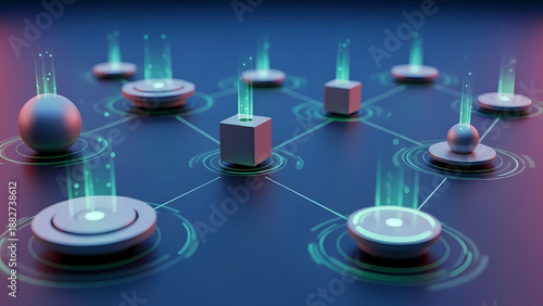 A 3D illustration showing people connected like chess pieces on a global social network, symbolizing teamwork, communication, and leadership in a connected digital world