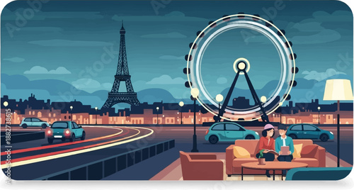 A serene night scene in Paris with iconic landmarks and city lights