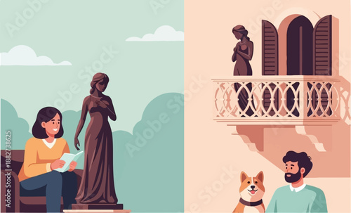 A serene scene with a woman reading near a statue, juxtaposed with a man and dog by a balcony
