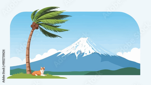 A serene scene features a snow-capped mountain and a palm tree with a dog