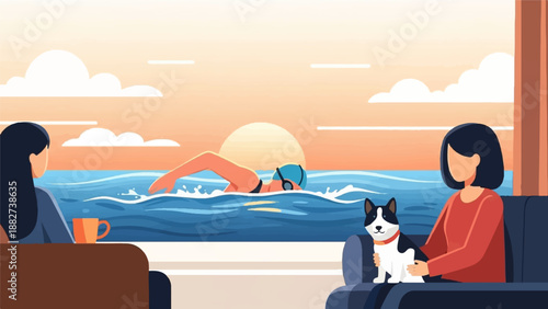 A serene sunset scene with people relaxing and a swimmer in the ocean