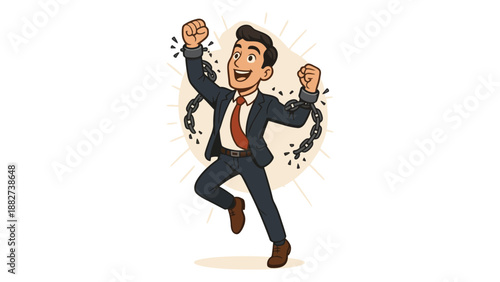 A cartoon businessman in a suit is jumping up with broken chains around him