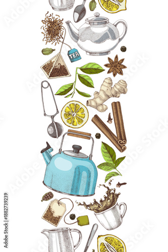 Tea vertical hand drawn seamless border