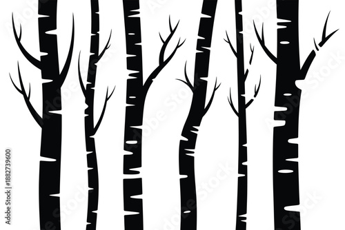 a striking black and white illustration featuring several tall bare birch trees
