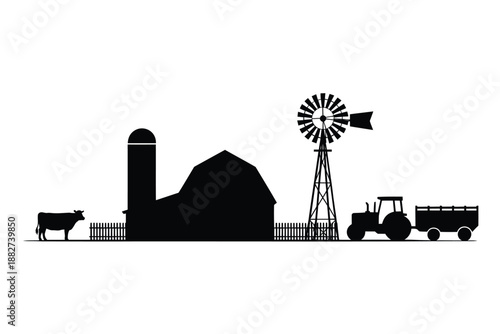 a simple silhouette illustration depicting a farm with various agricultural elements