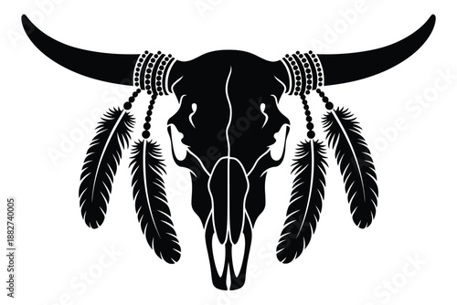 a striking black silhouette of a steer skull adorned with feathers and tribal beads