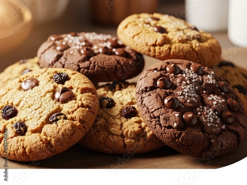 Assorted freshly baked chocolate chip cookies with gooey texture on wooden surface