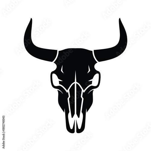 a striking black and white illustration depicting a detailed bull skull with large horns